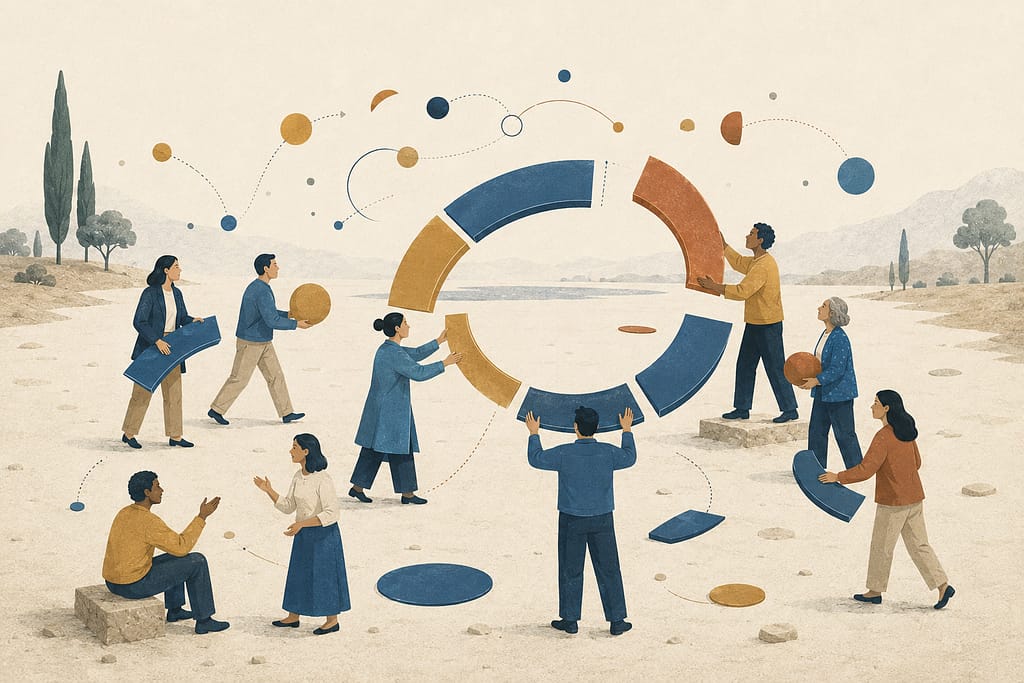 Citizens assembling an unfinished civic circle through participation and discussion.