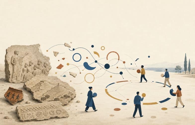 Fragments of ancient Athenian democracy transform into civic ideas that contemporary citizens assemble into an unfinished circle.